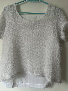 Women's 2 Piece Tank Top Set Sheer Fuzzy Knit Layered Top Size L, white